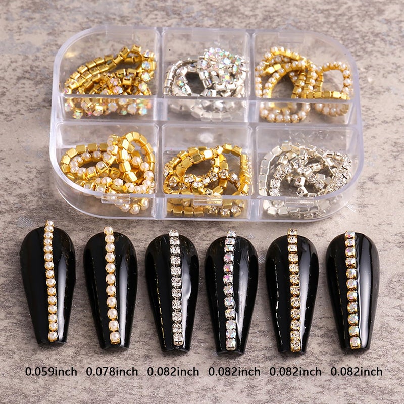 JERCLITY 1 Box 6 Strips Nail Chains for Nail Art Gold Silver Alloy Metal Nail Art Chains Inlay Pearl Rhinestone AB Diamond for Acrylic Nail Art Punk Nail Studs Jewelry Accessories for Women Nail Art - Image 3